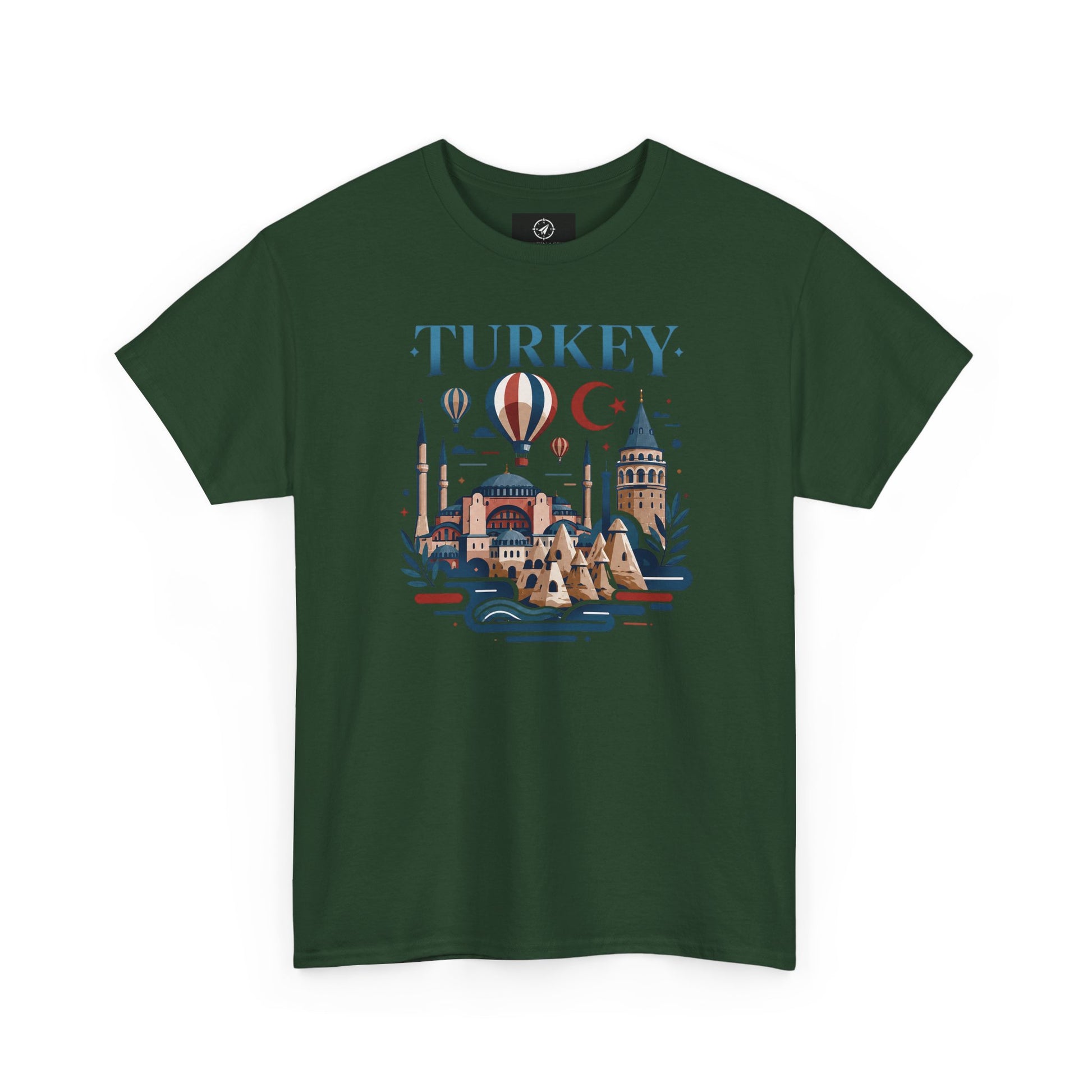 Military green T-shirt with Turkey skyline and hot air balloon graphic