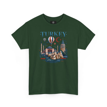 Military green T-shirt with Turkey skyline and hot air balloon graphic