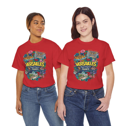 Red graphic T-shirt with colorful Versailles France illustration on front