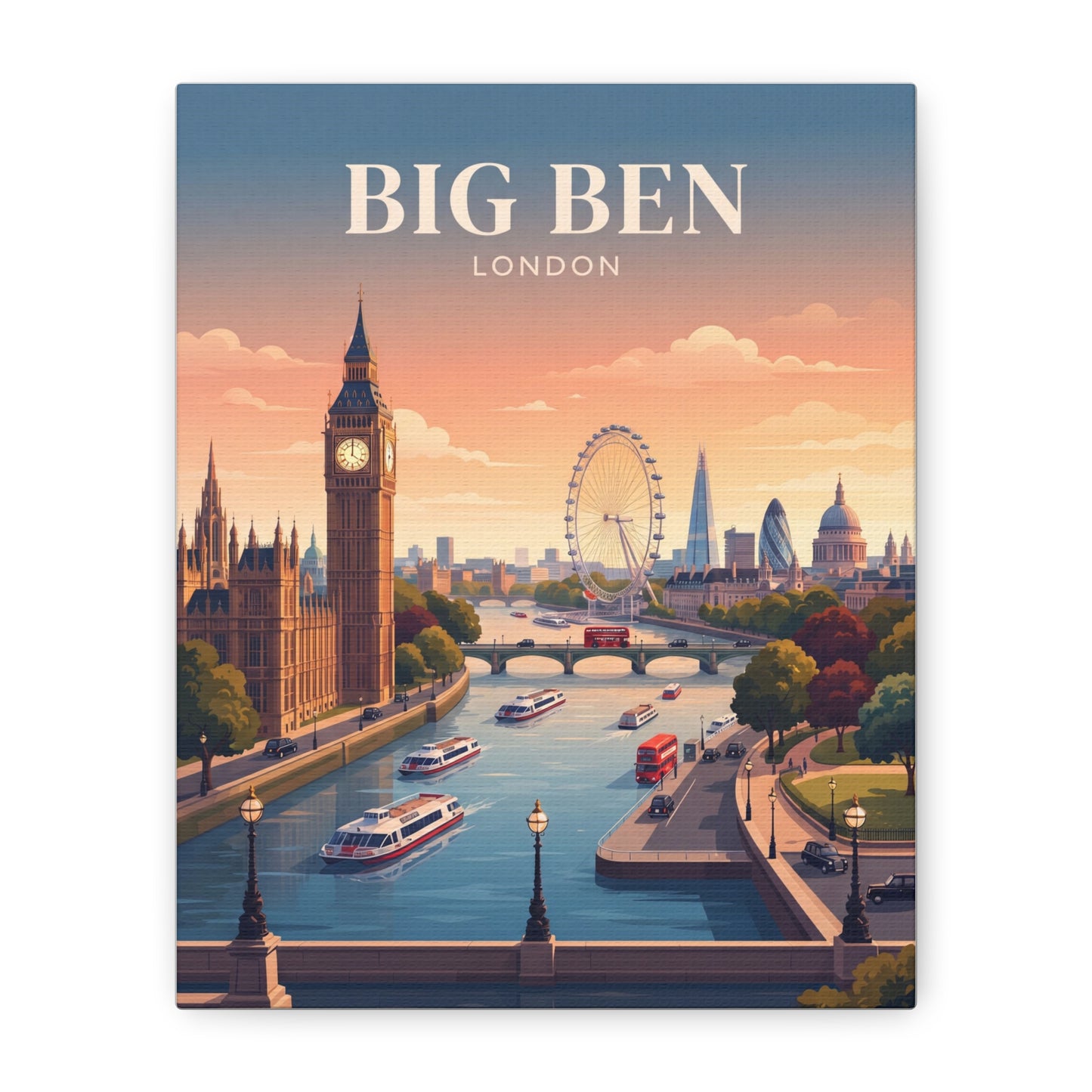 Rectangular matte canvas wall art with Big Ben, bridges, boats, and a sunset city view.