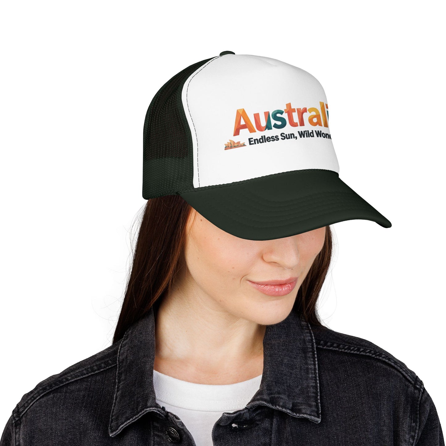 White front and dark green mesh trucker cap with embroidered “Australia” graphic.