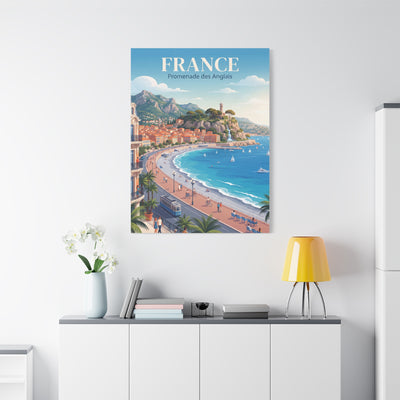 Square matte canvas wall art titled "FRANCE" with a blue seaside promenade and palm trees.