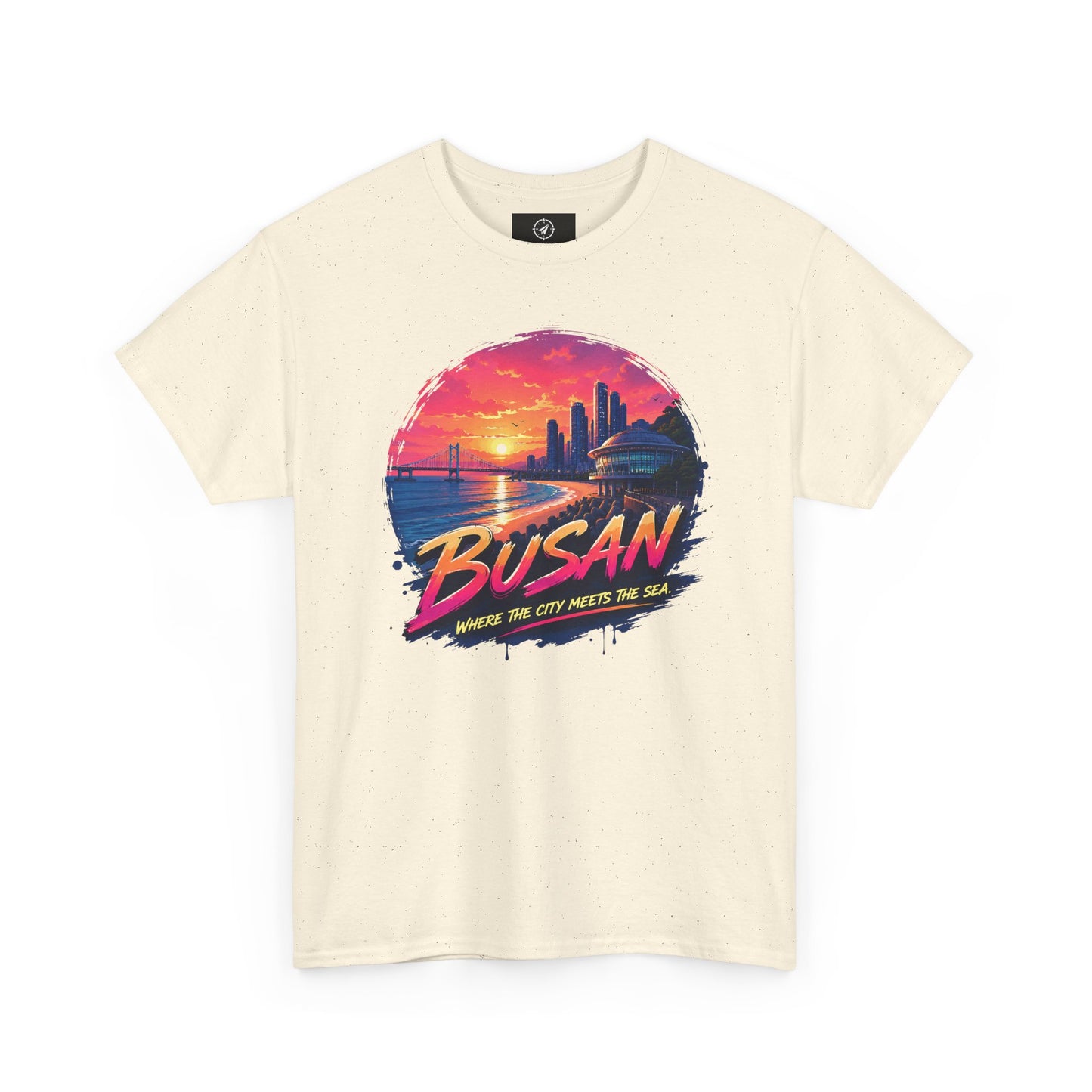 Natural beige crew-neck T-shirt with Busan sunset city graphic on front