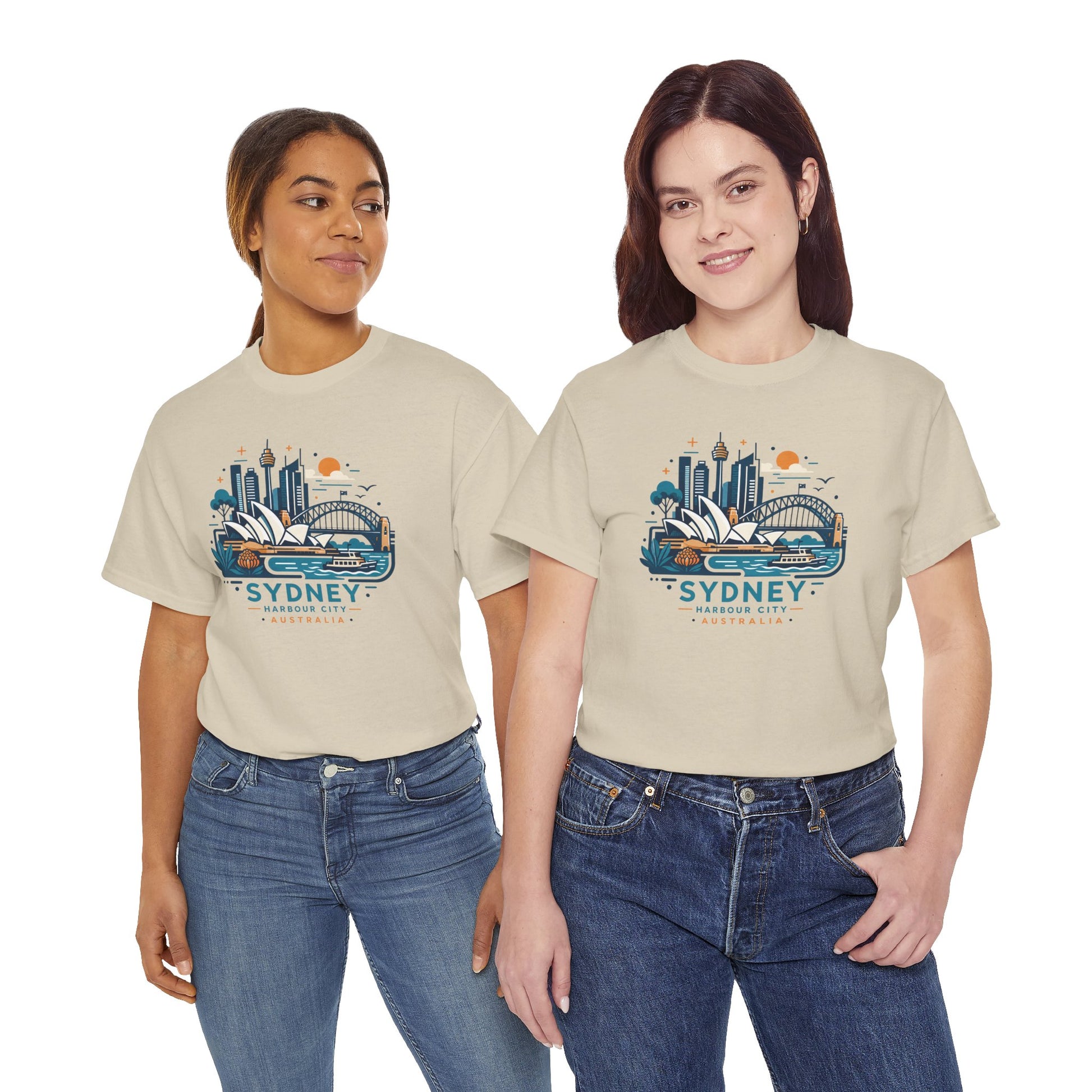 Light tan T-shirt with Sydney skyline graphic on the chest