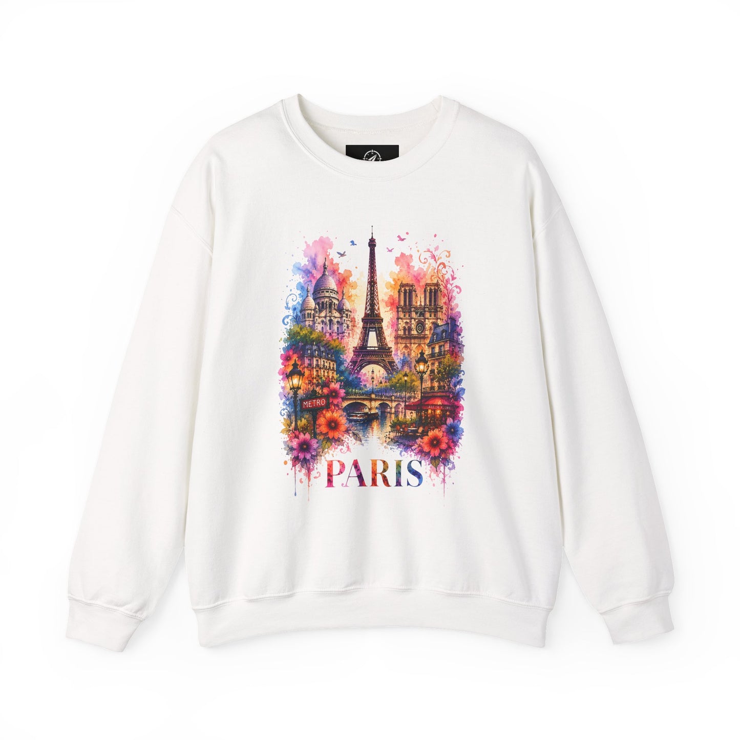 White crewneck sweatshirt with front graphic Eiffel Tower, flowers, and "PARIS"