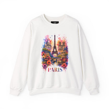 White crewneck sweatshirt with front graphic Eiffel Tower, flowers, and "PARIS"