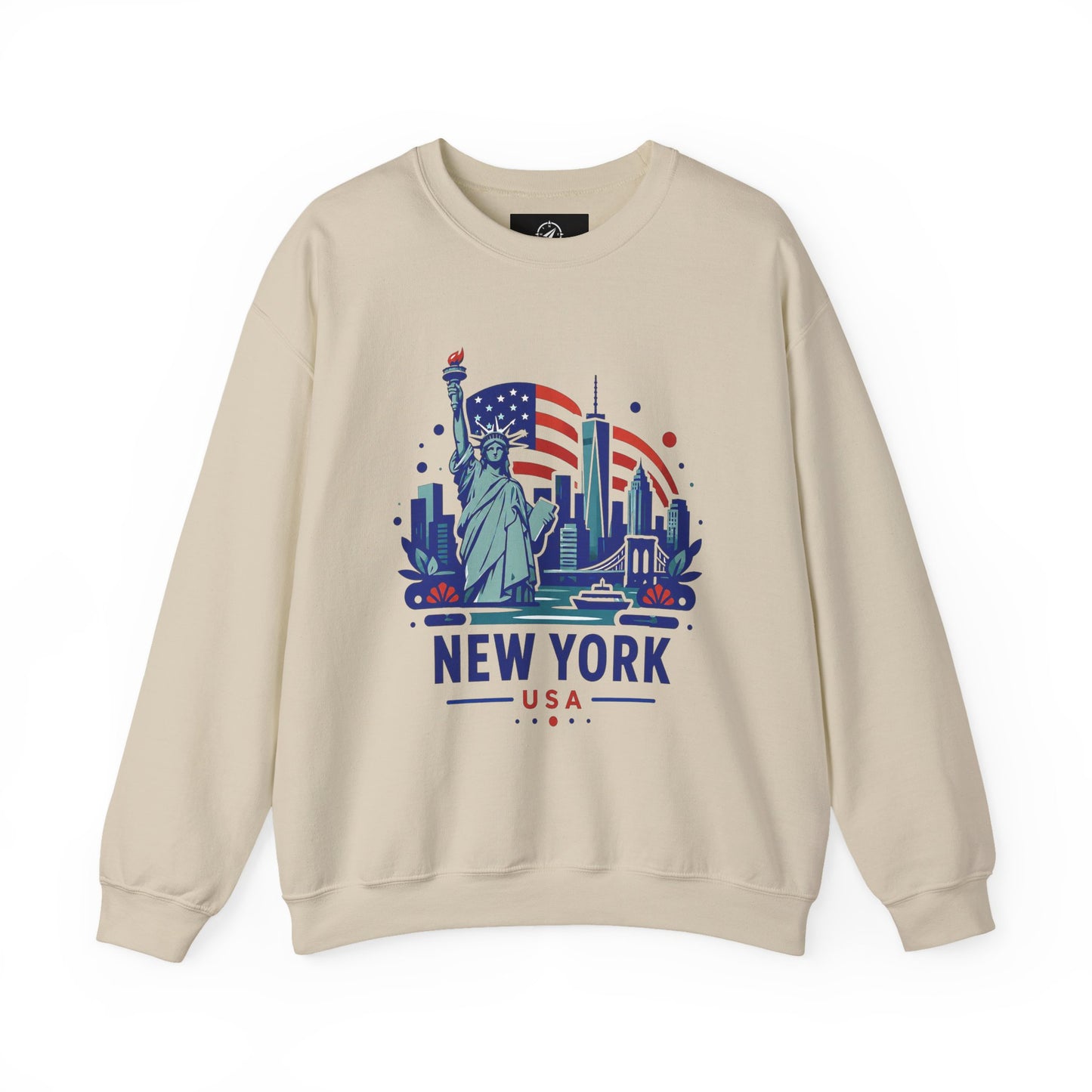 Sand crewneck sweatshirt with New York USA Statue of Liberty graphic on front