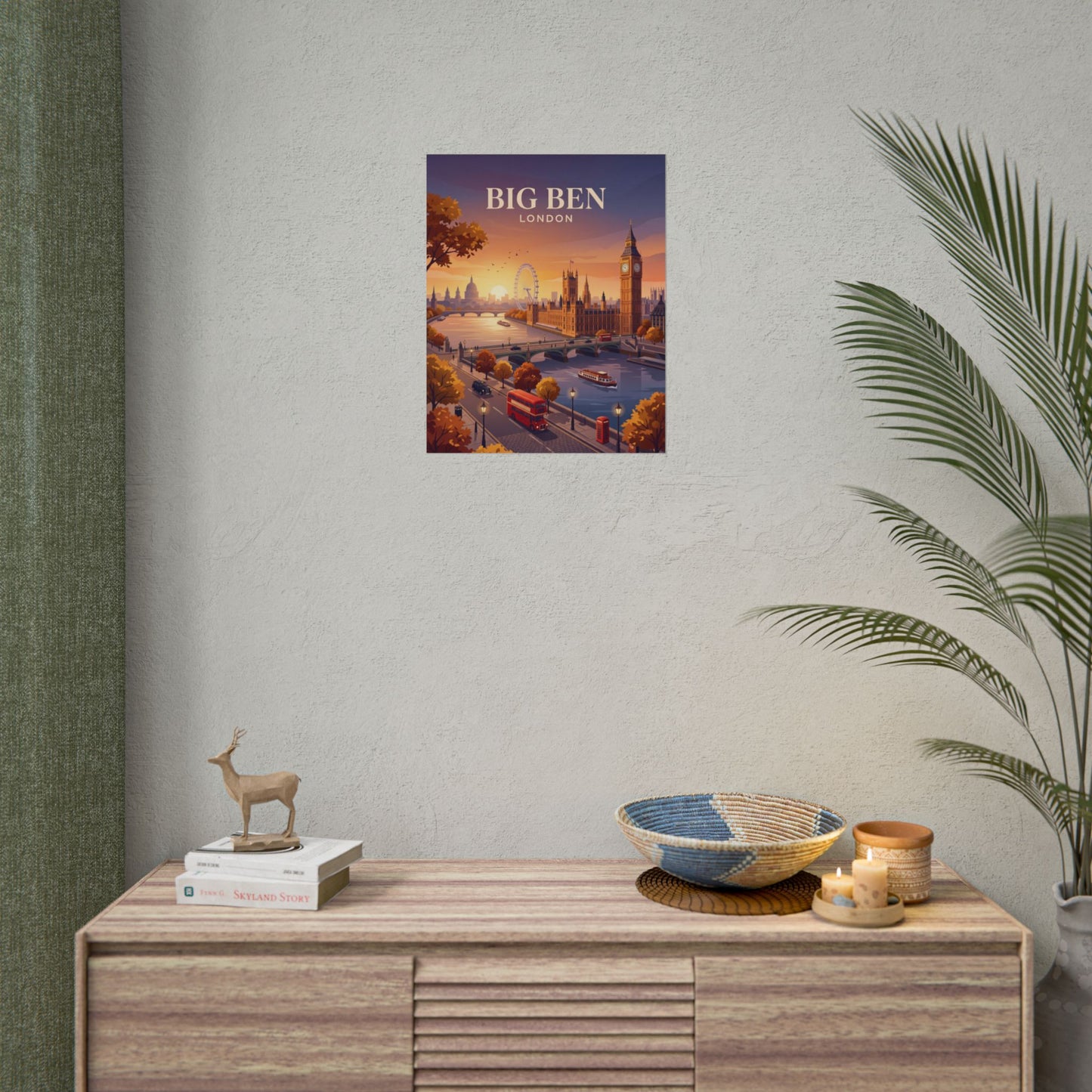 Small London skyline wall poster with Big Ben clock tower and red double-decker bus.