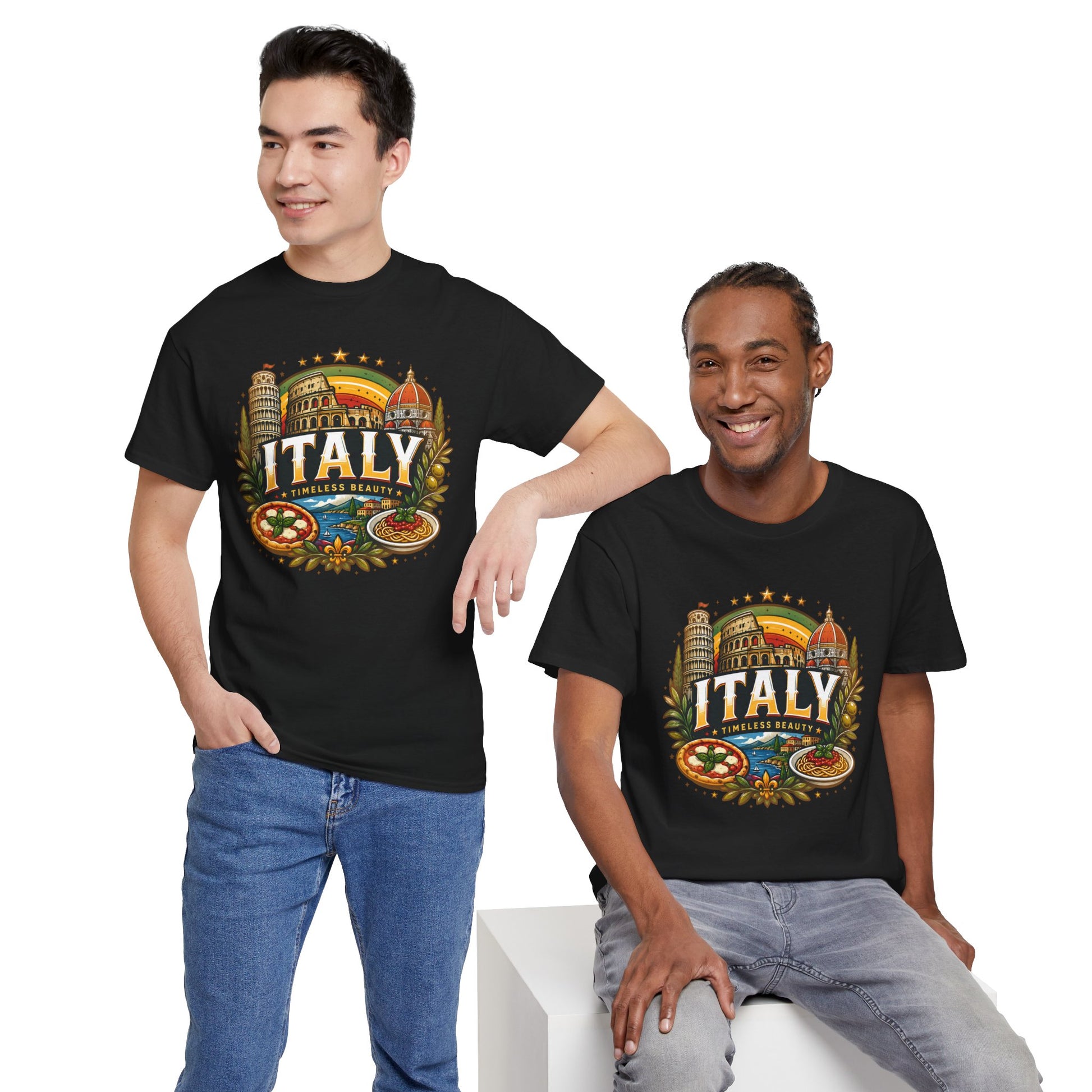 Black t-shirt with vintage Italy travel emblem, worn by two men