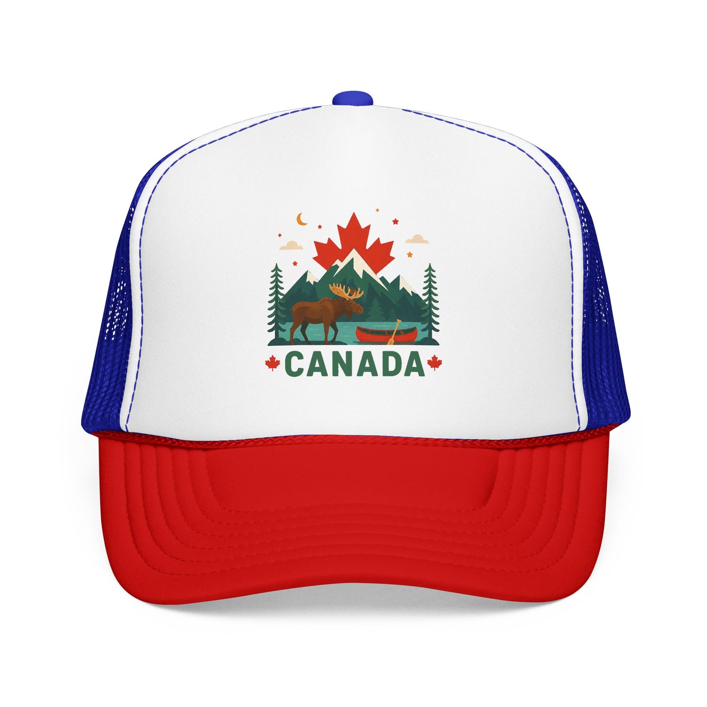 White/blue Canada moose trucker hat with 'CANADA' front graphic and mesh side panels