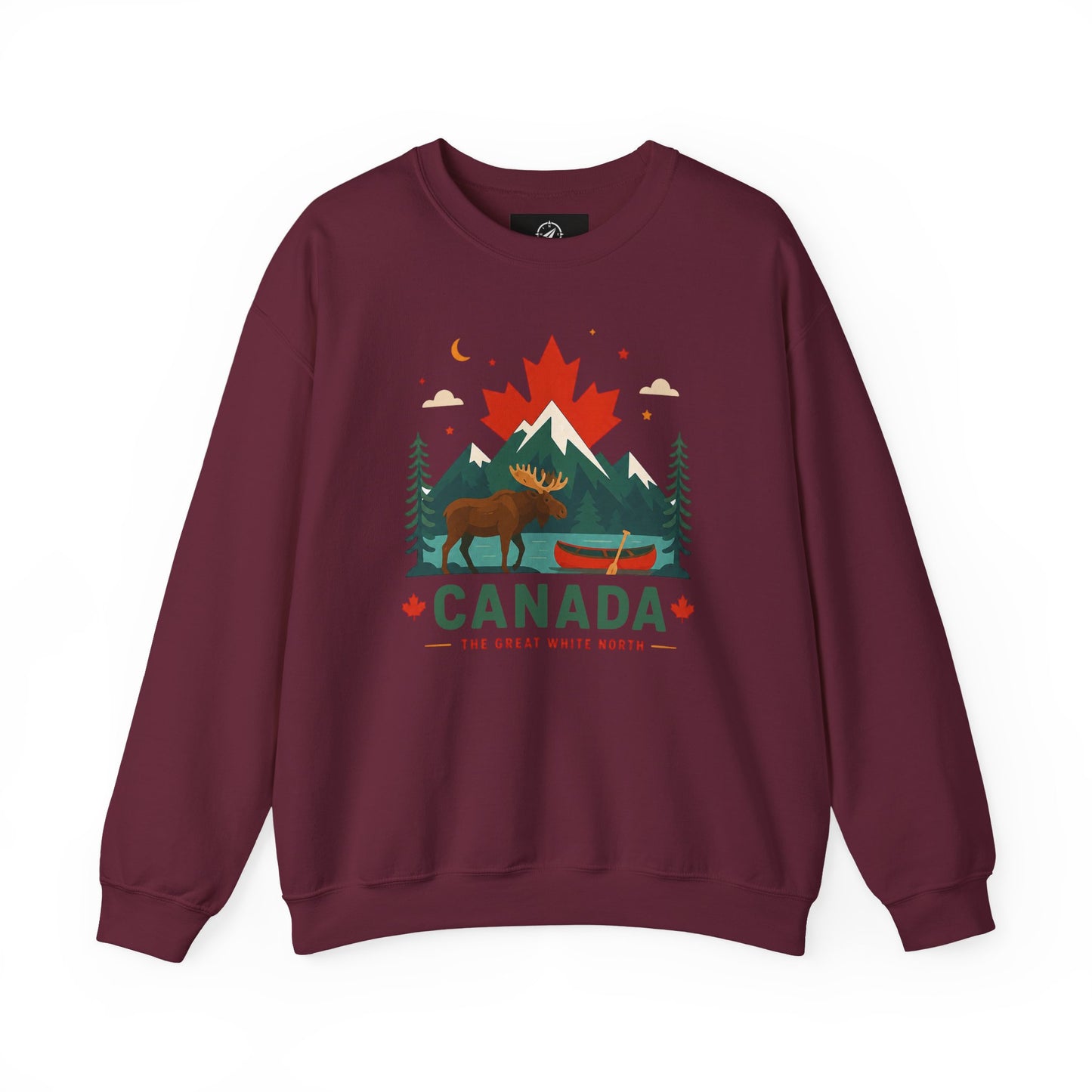 Maroon crewneck sweatshirt with Canada graphic and canoe scene at center front