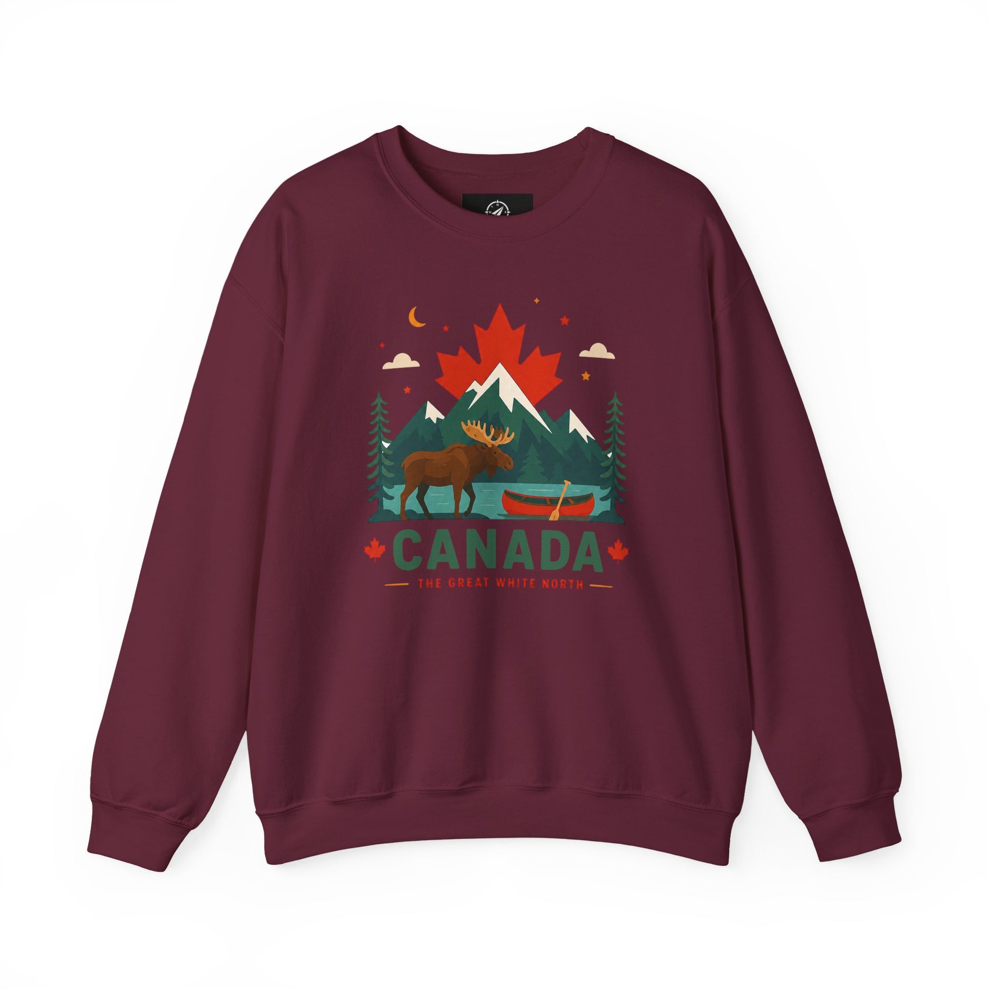 Maroon crewneck sweatshirt with Canada graphic and canoe scene at center front