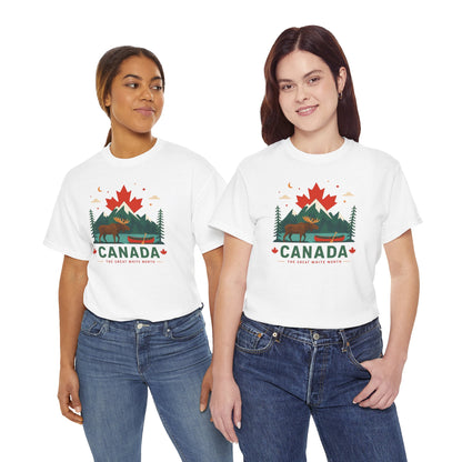 White T-shirt on two models with Canada scenic graphic and “CANADA” print