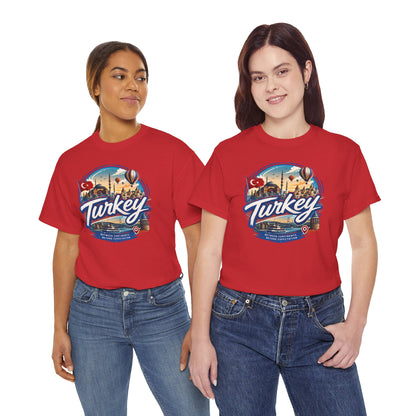 Red graphic Turkey T-shirt with colorful front print on two models
