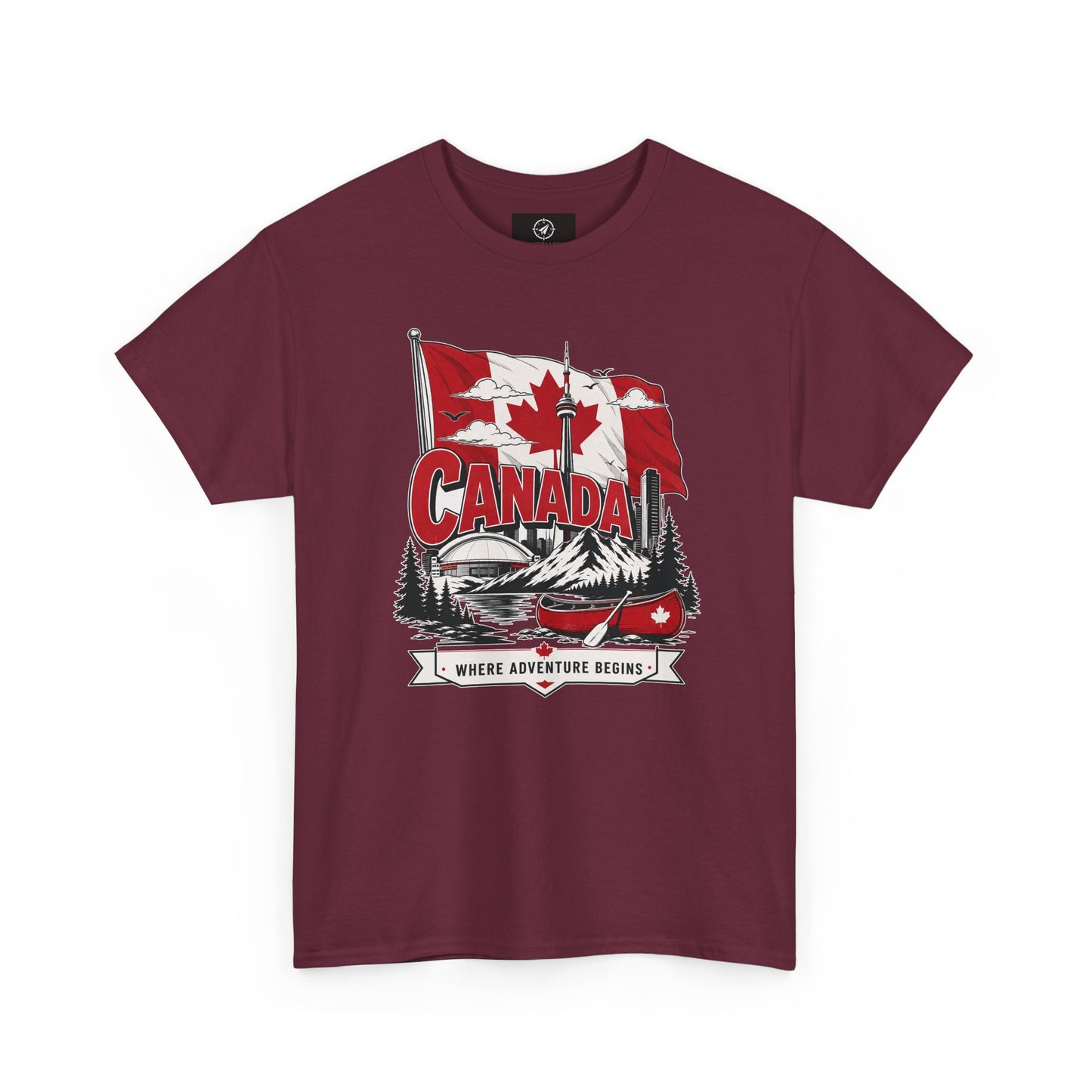 Maroon Canada graphic T-shirt with canoe-and-maple leaf illustration at center