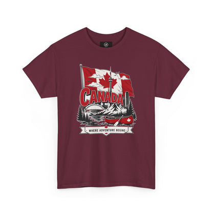Maroon Canada graphic T-shirt with canoe-and-maple leaf illustration at center