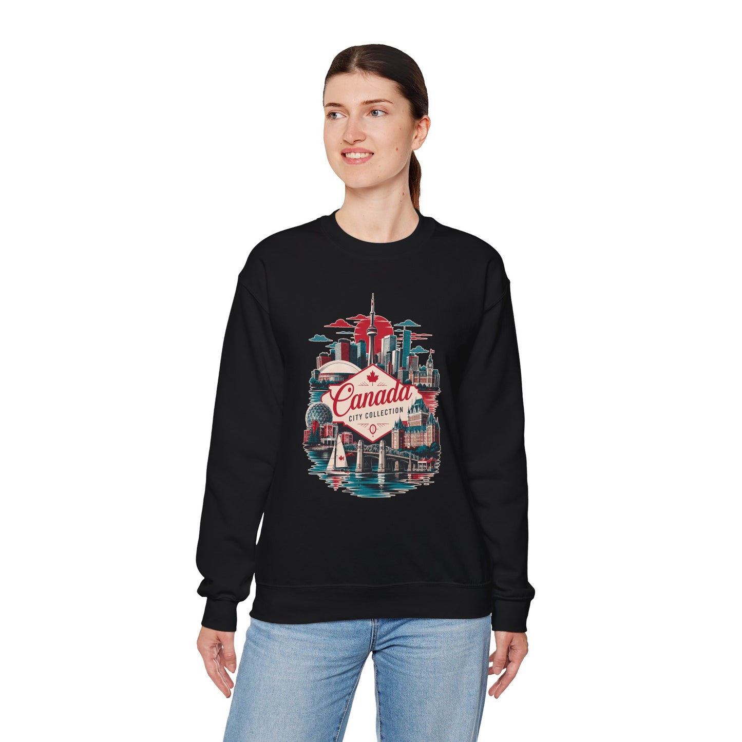 Black crewneck sweatshirt with colorful Canada skyline graphic on chest