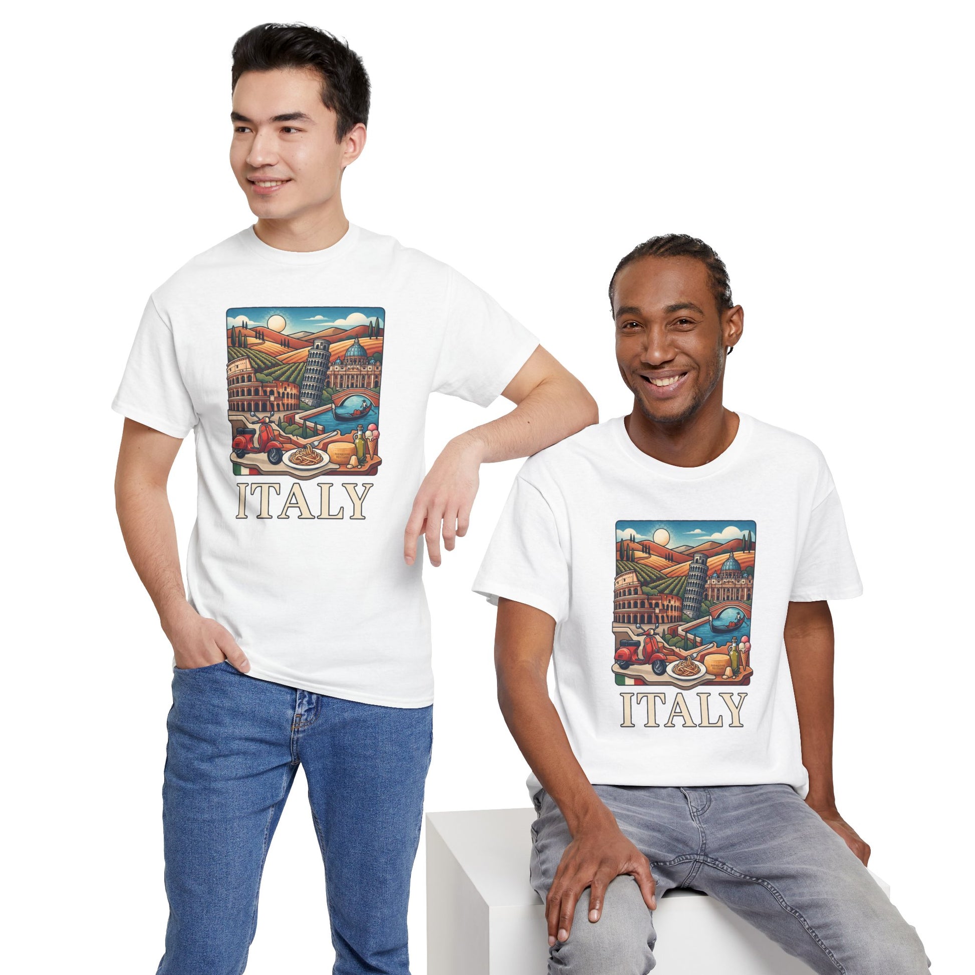 White T-shirt with vintage Italy scenic graphic and 'ITALY' text on two men