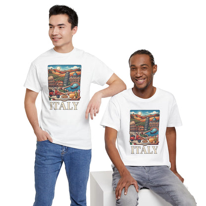 White T-shirt with vintage Italy scenic graphic and 'ITALY' text on two men