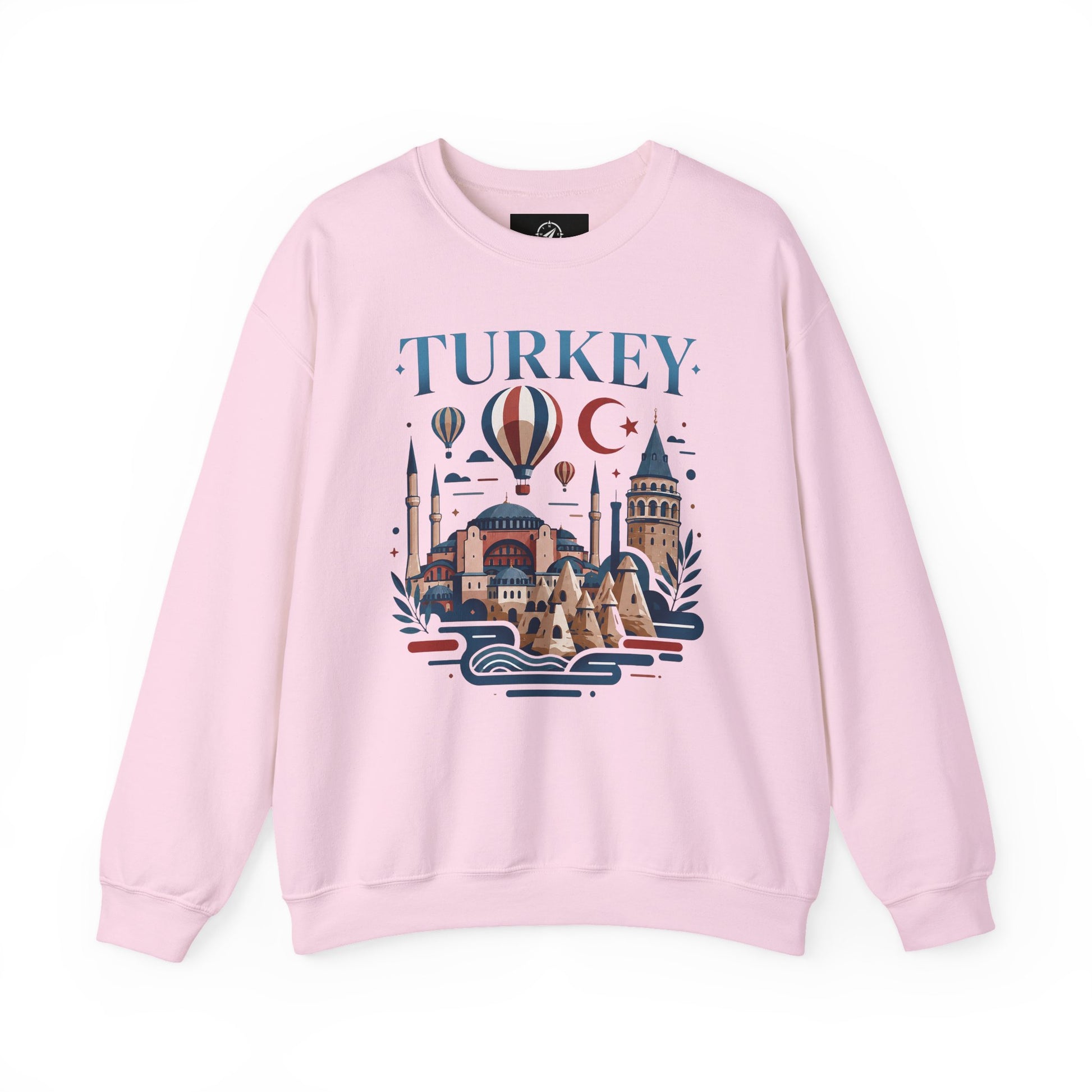 Light pink crewneck sweatshirt with colorful Turkey skyline graphic on the front.