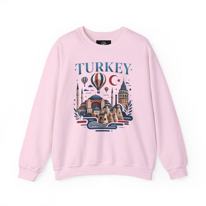 Light pink crewneck sweatshirt with colorful Turkey skyline graphic on the front.