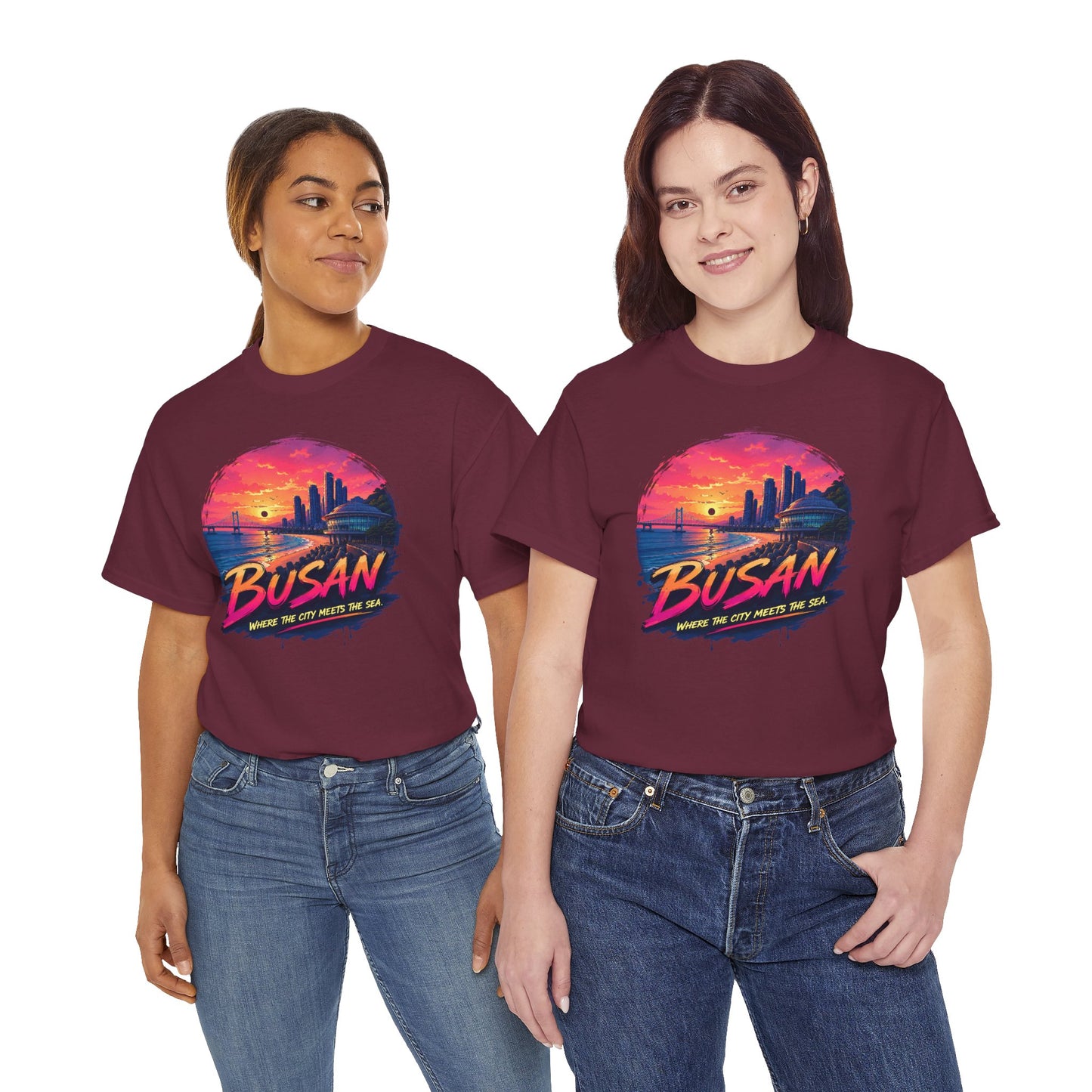 Maroon crewneck t-shirt with Busan sunset graphic front.