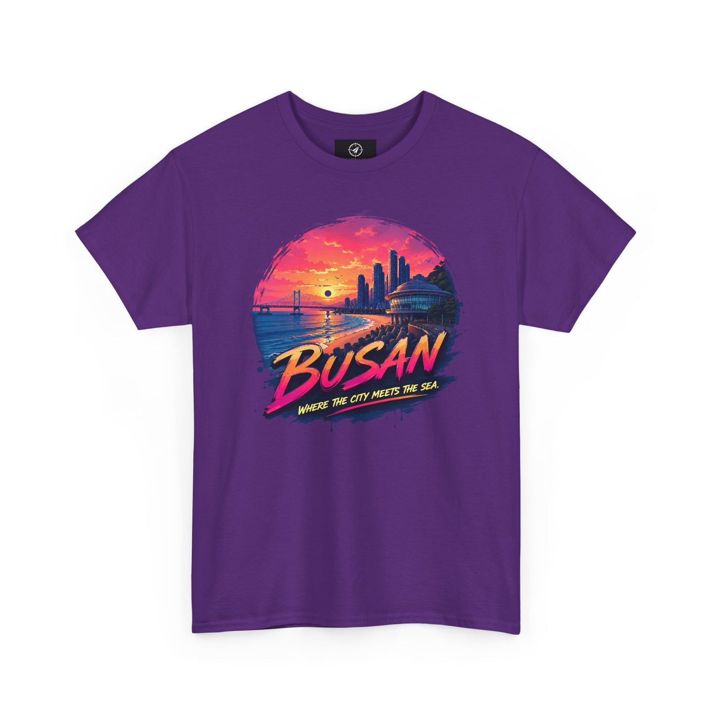 Purple graphic t-shirt with Busan sunset seaside print, crew neck and short sleeves