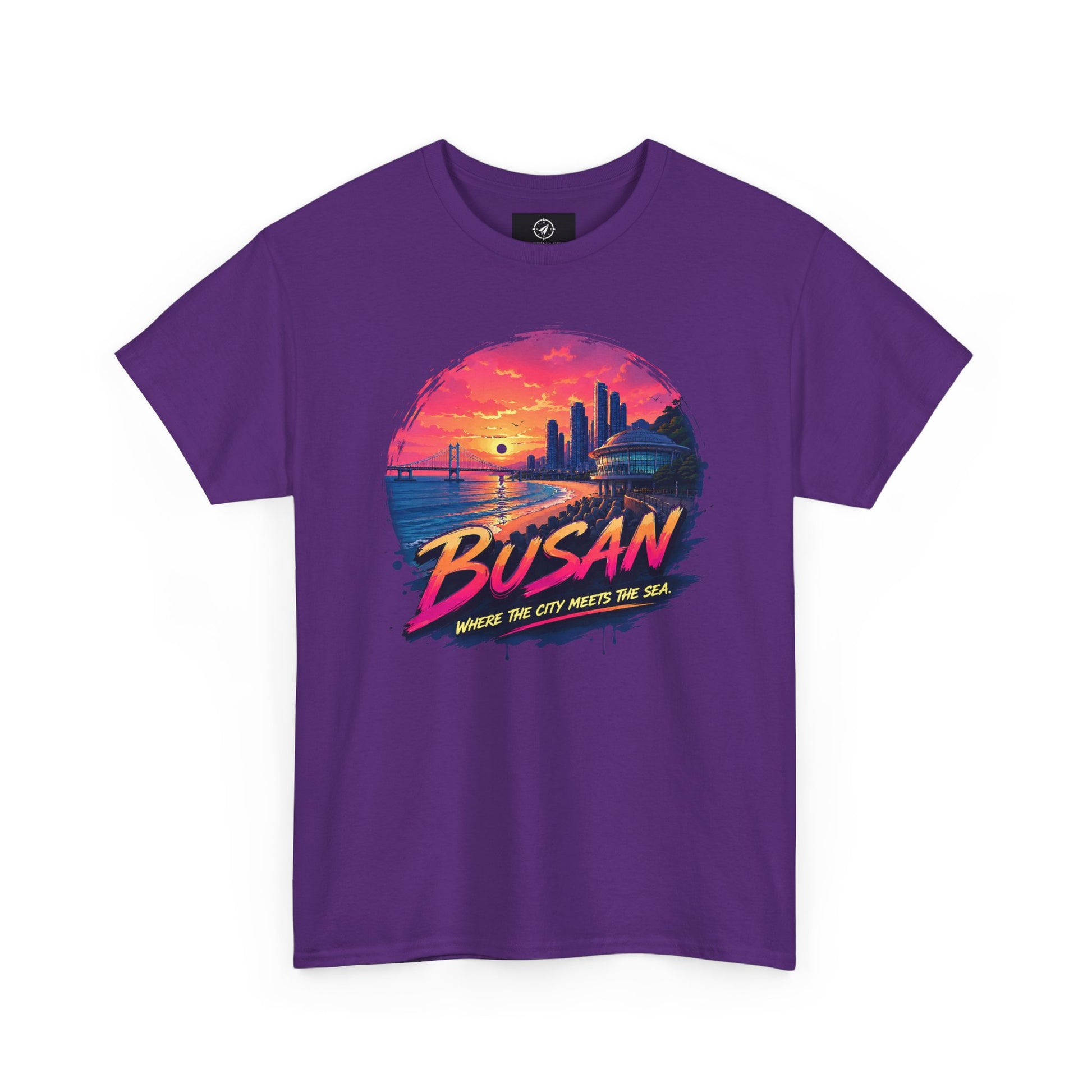 Purple graphic t-shirt with Busan sunset seaside print, crew neck and short sleeves