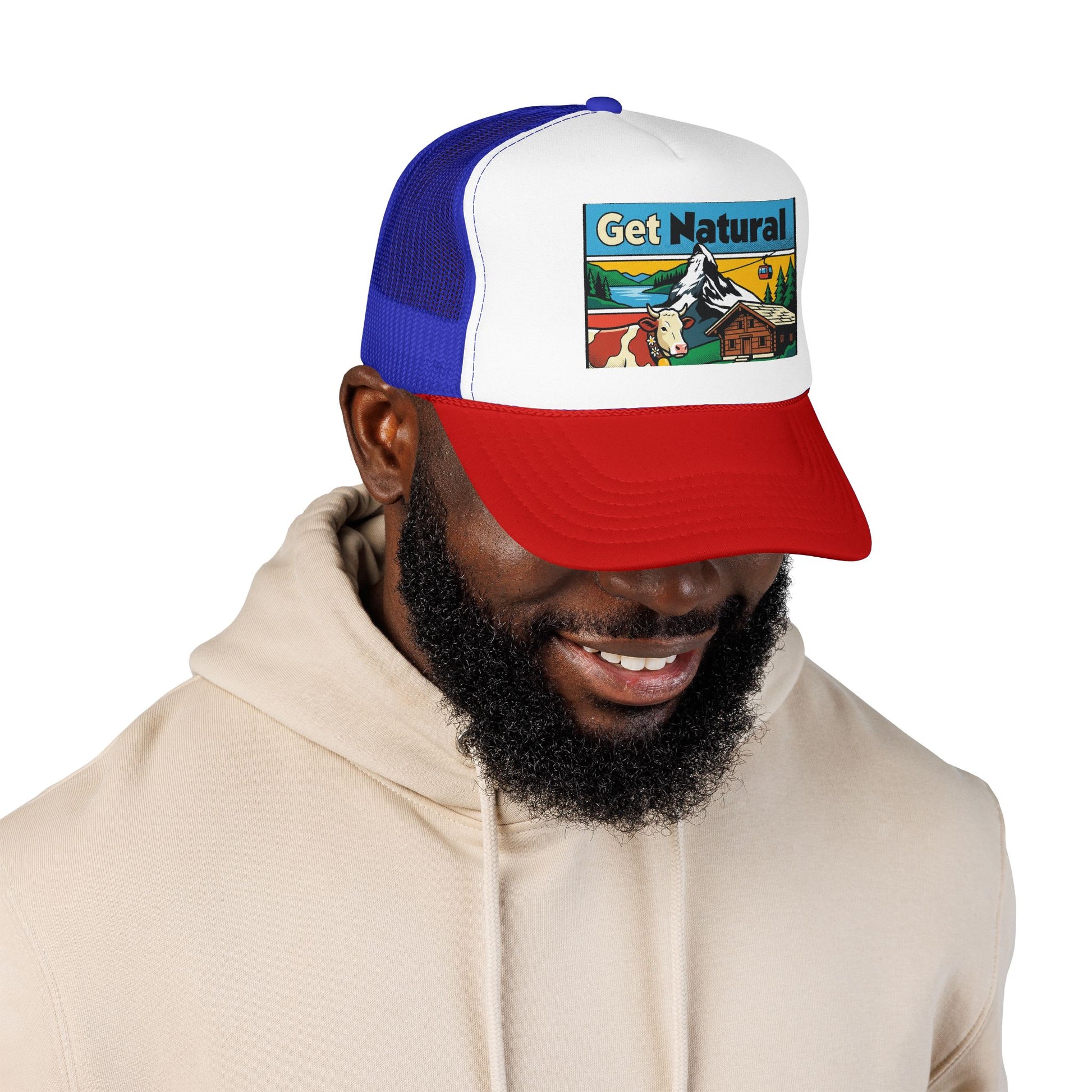 Trucker hat with white front, blue mesh back, red brim, and Get Natural patch
