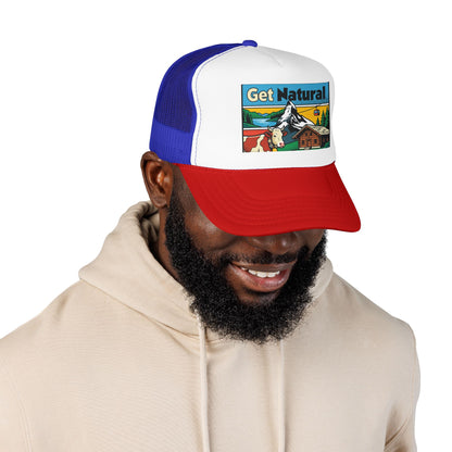 Trucker hat with white front, blue mesh back, red brim, and Get Natural patch
