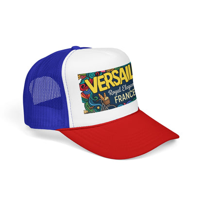 Two-tone blue and red trucker hat with mesh back and colorful Versailles France patch