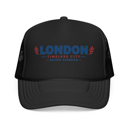 Foam trucker hat with London logo, solid black crown and mesh, curved bill.