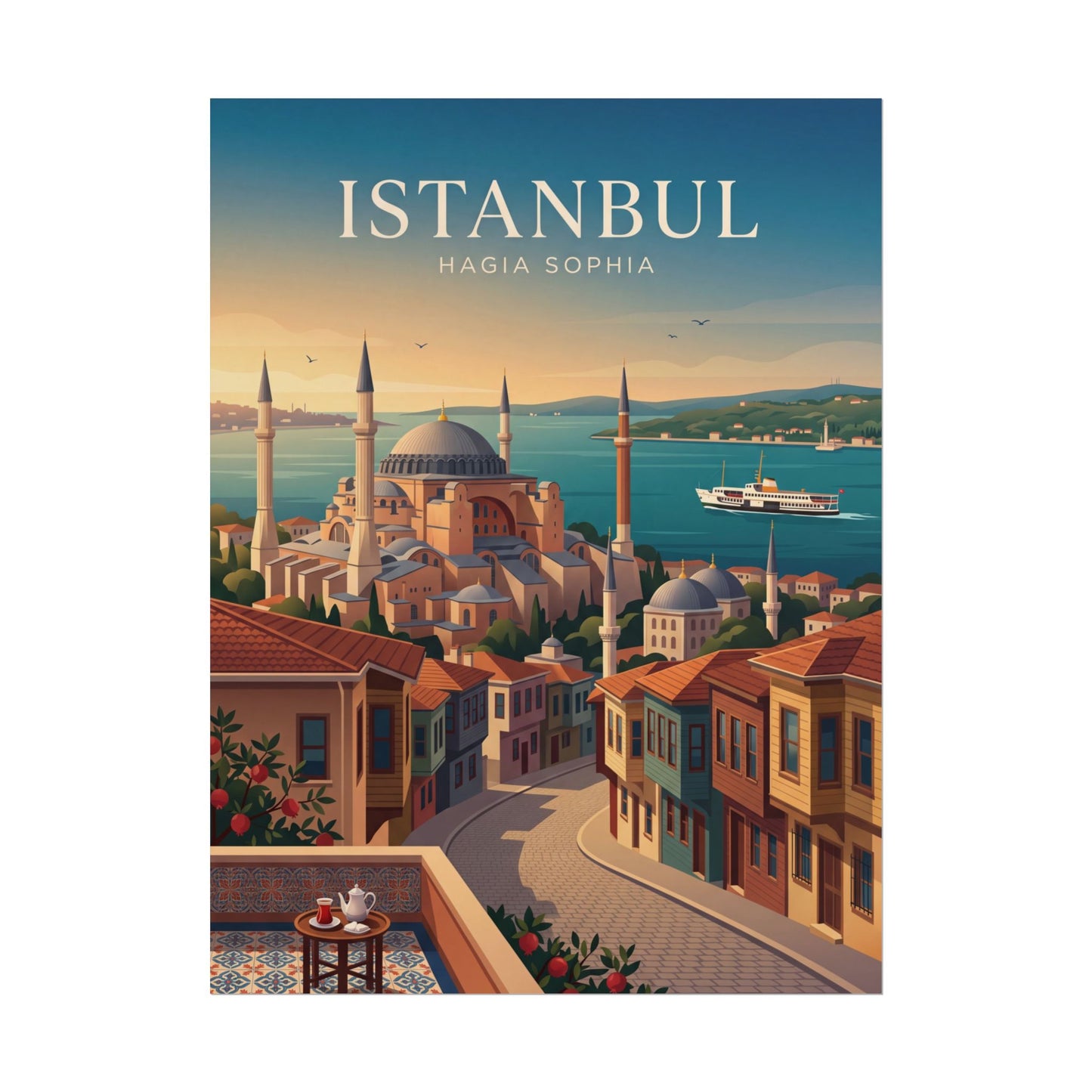 Travel poster showing Istanbul title and Hagia Sophia domes above city street