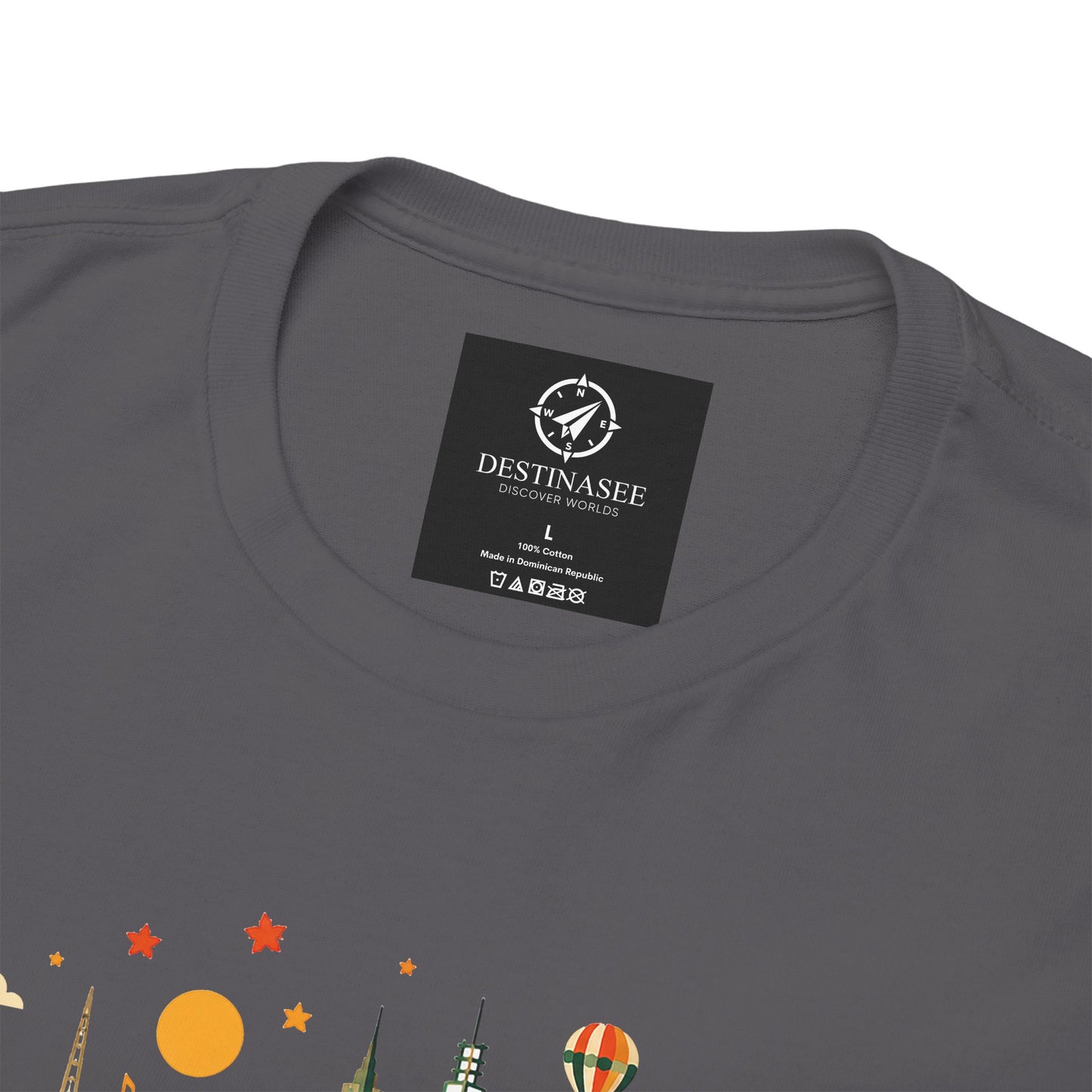 Charcoal gray T-shirt with crew neck and black neck label; partial Melbourne graphic visible.