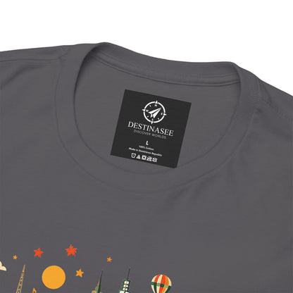 Charcoal gray T-shirt with crew neck and black neck label; partial Melbourne graphic visible.