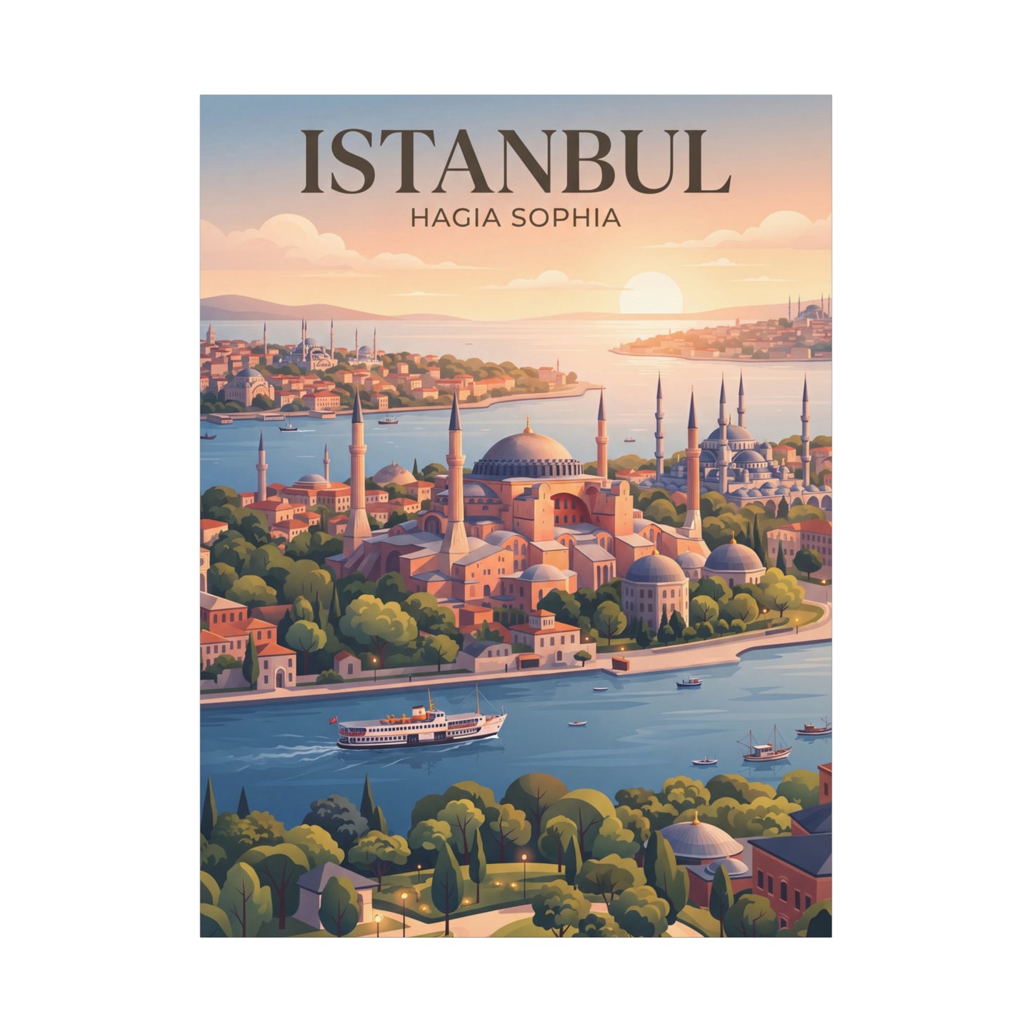 Vertical matte canvas wall art of Istanbul skyline with Hagia Sophia domes and ships