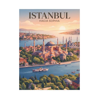 Vertical matte canvas wall art of Istanbul skyline with Hagia Sophia domes and ships