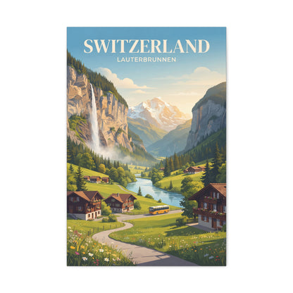Canvas wall art of Swiss valley with Lauterbrunnen scene, river, mountains, and homes