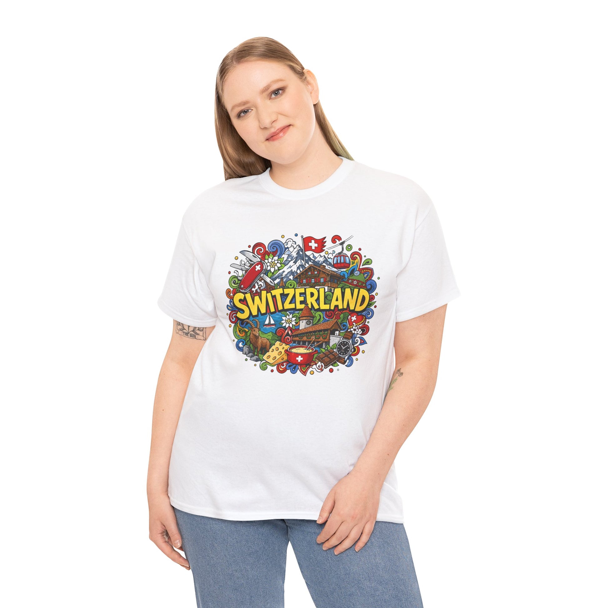 White crew-neck T-shirt with colorful Switzerland graphic on chest