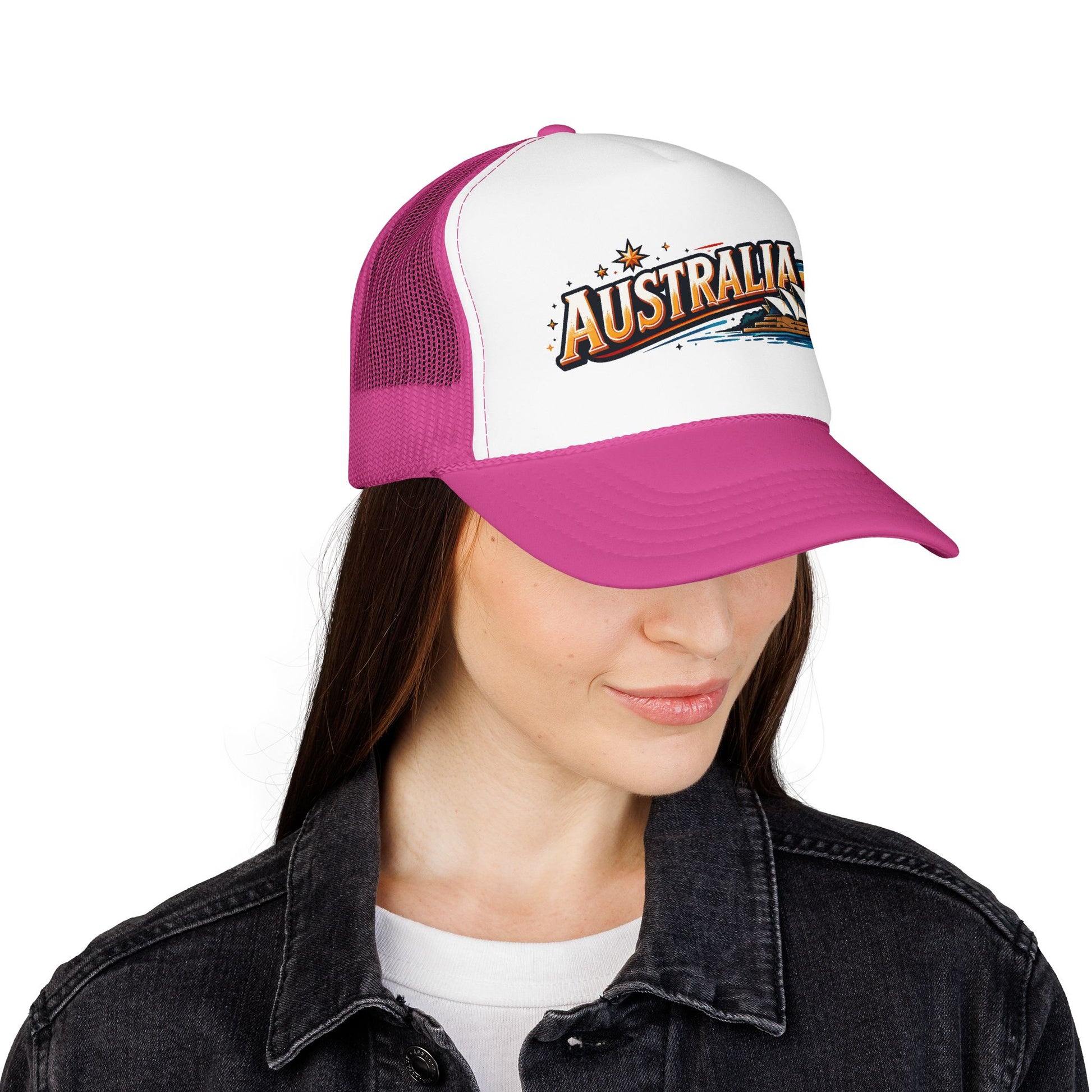 White and hot pink trucker cap with mesh back, embroidered AUSTRALIA logo, curved brim.