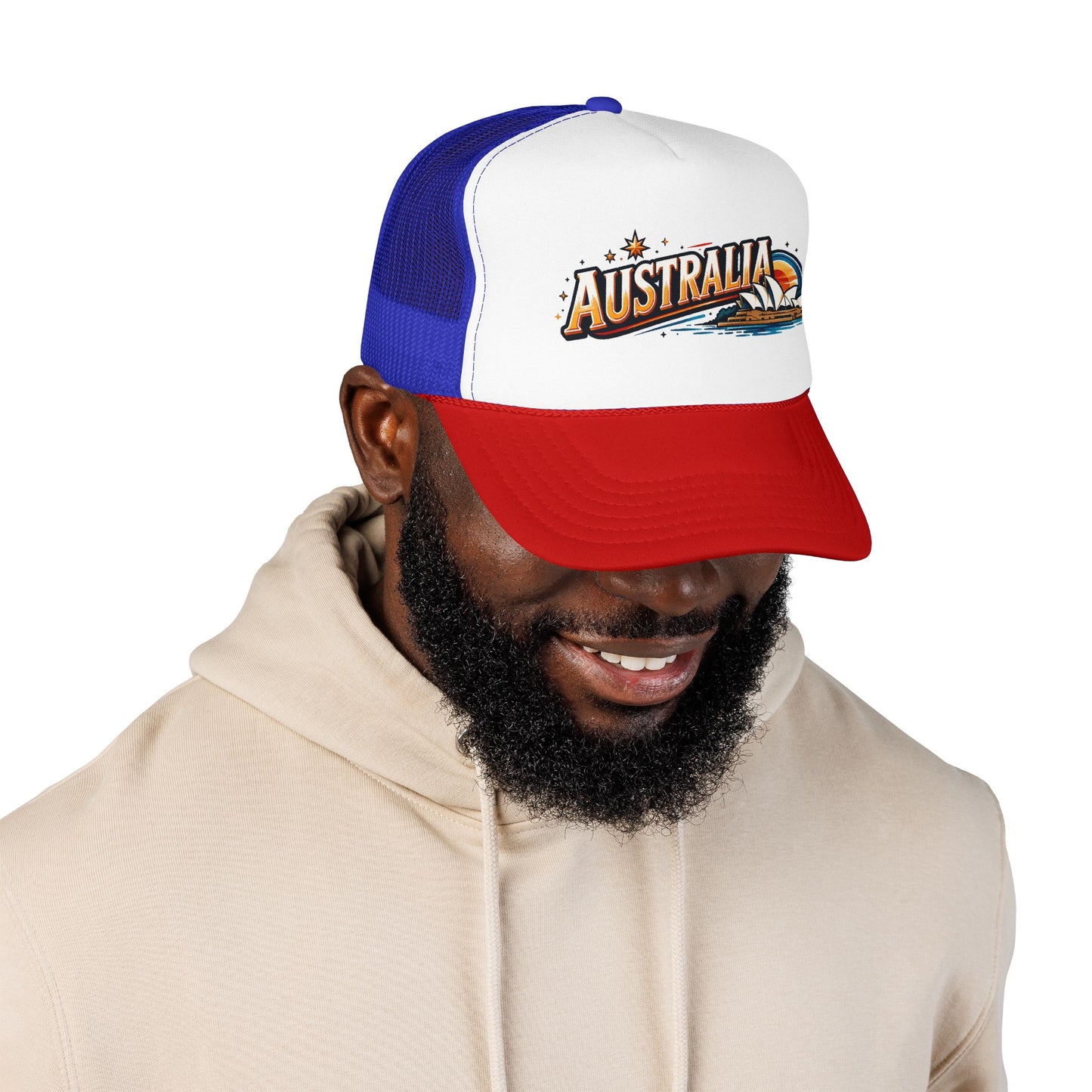 Australia logo trucker cap with white front, blue mesh, red curved brim