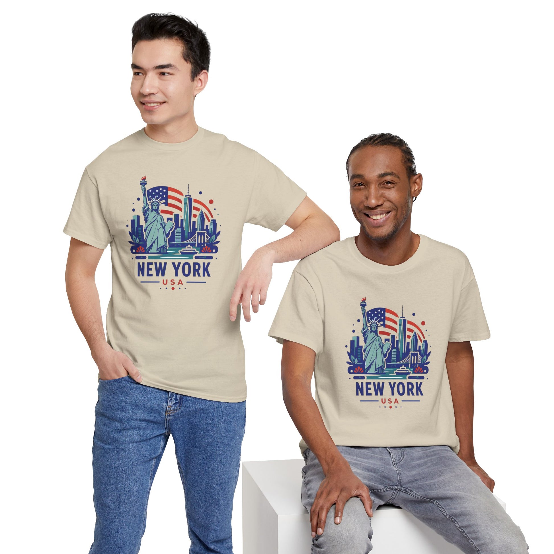 Natural T-shirt with New York design graphic, two models wearing it