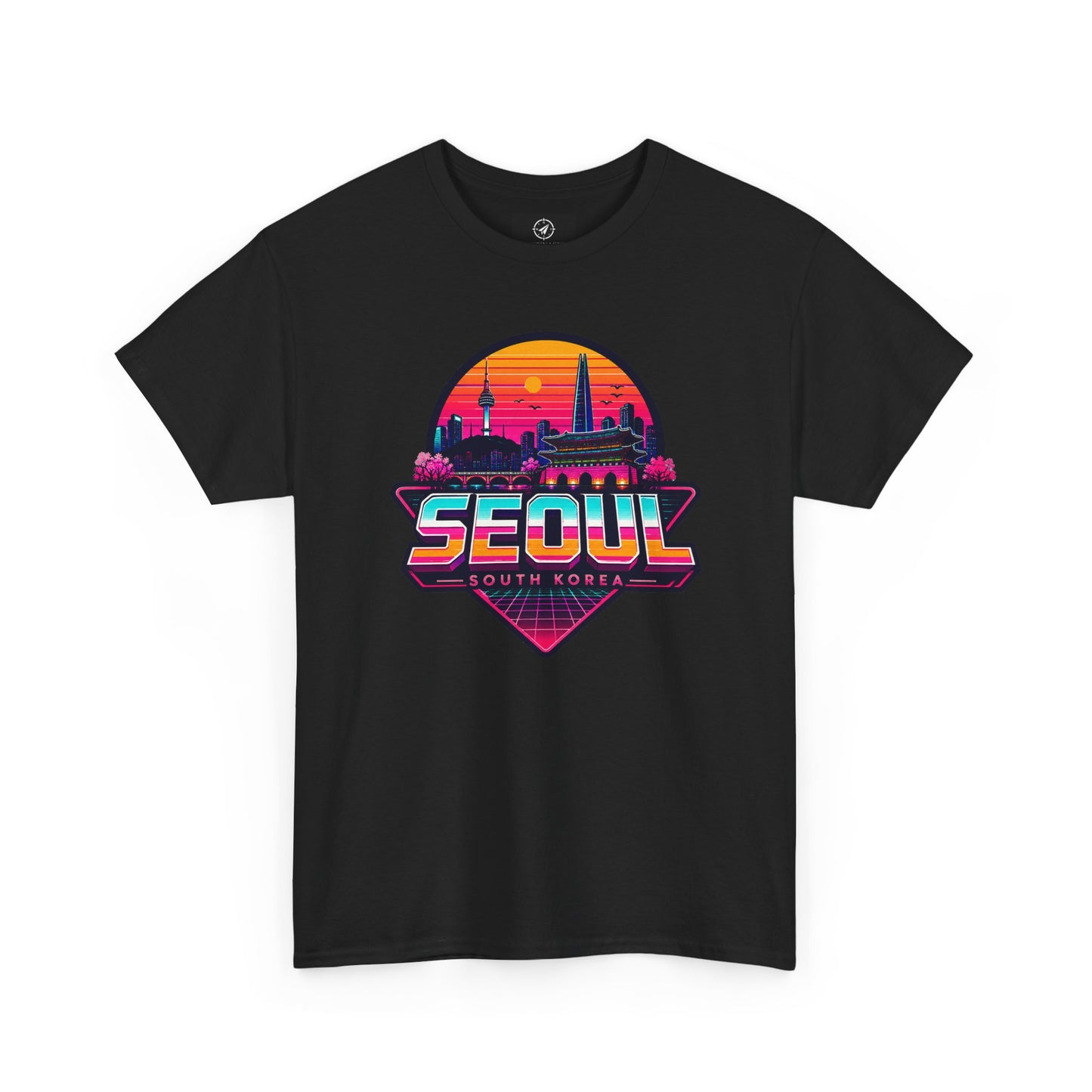 Black Seoul retro city T-shirt with colorful sunset skyline logo on front