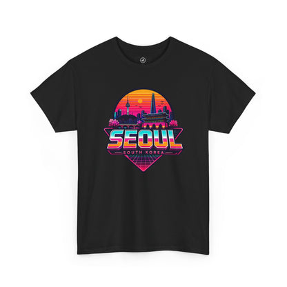 Black Seoul retro city T-shirt with colorful sunset skyline logo on front