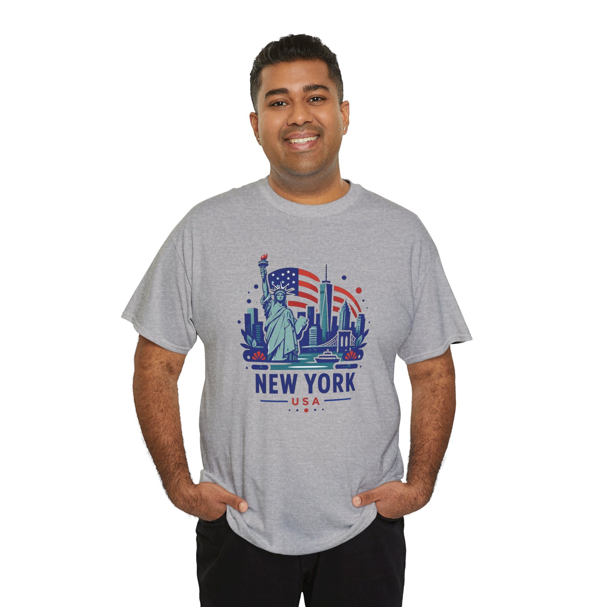 Light gray T-shirt with centered Statue of Liberty “NEW YORK USA” graphic on chest
