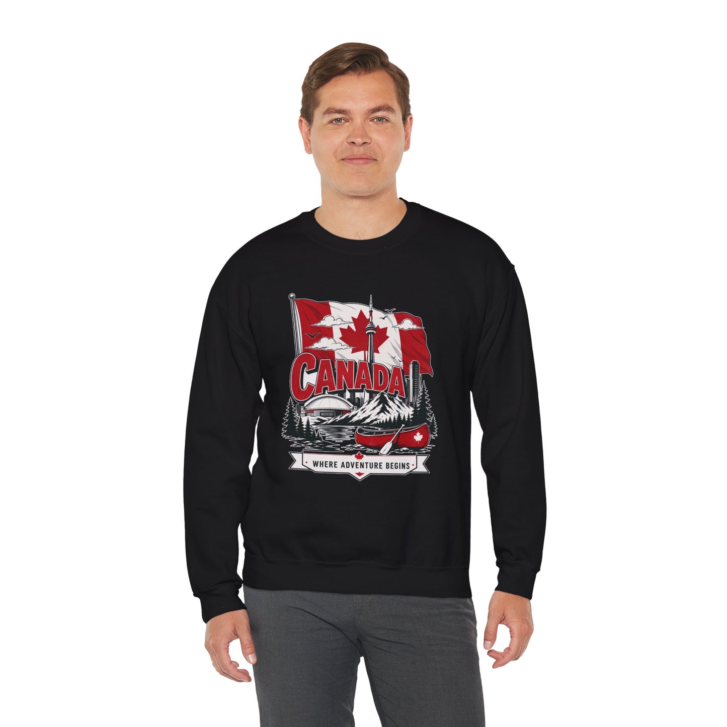 Black crewneck sweatshirt with red Canada flag and canoe graphic on chest