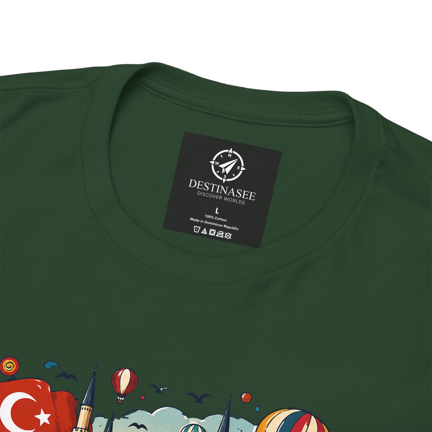Forest green graphic tee with small chest logo label and colorful Turkey scene print