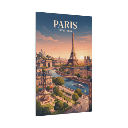 Matte canvas wall art featuring PARIS lettering and the Eiffel Tower in a sunset skyline