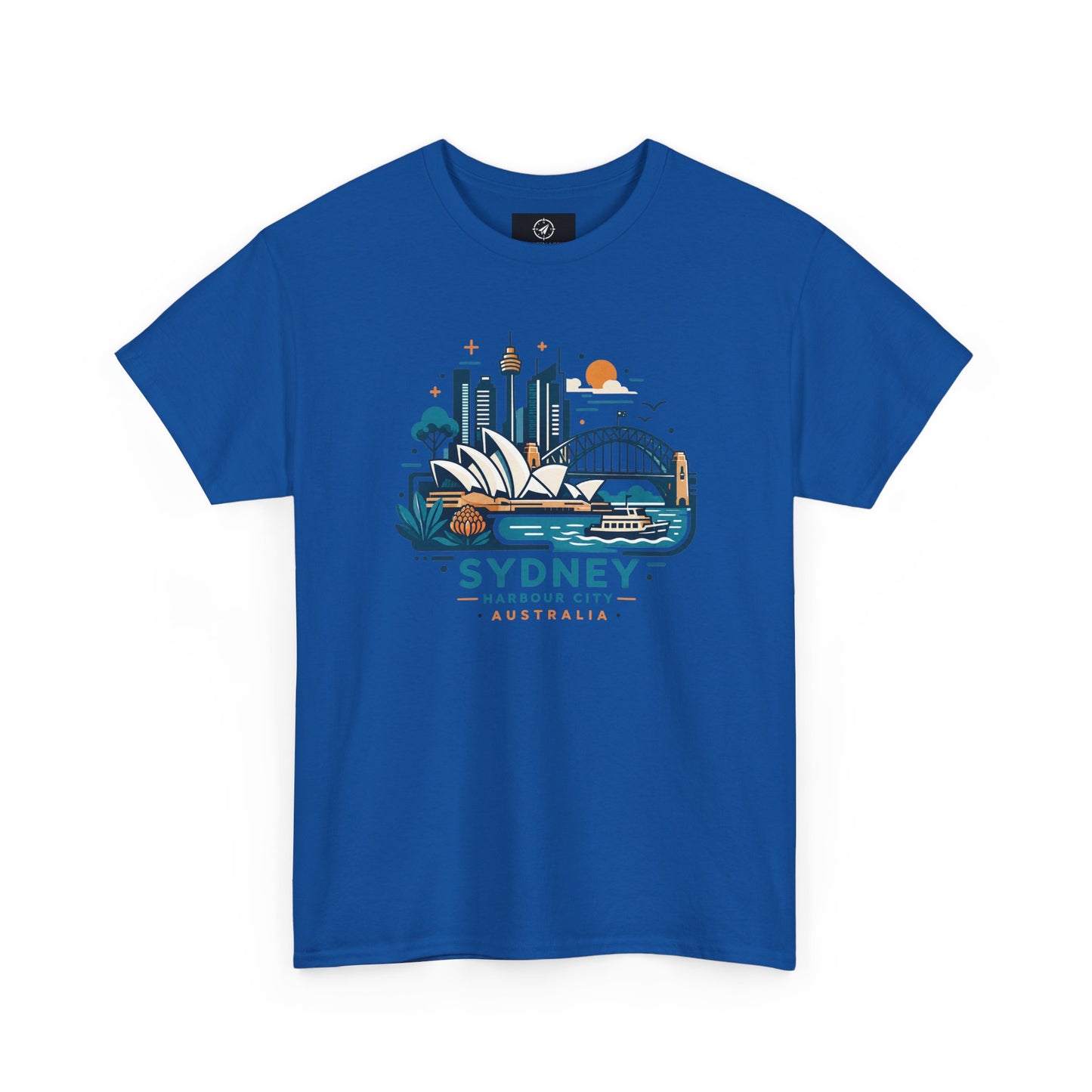 Royal blue Sydney harbor city graphic T-shirt, short-sleeve crew neck