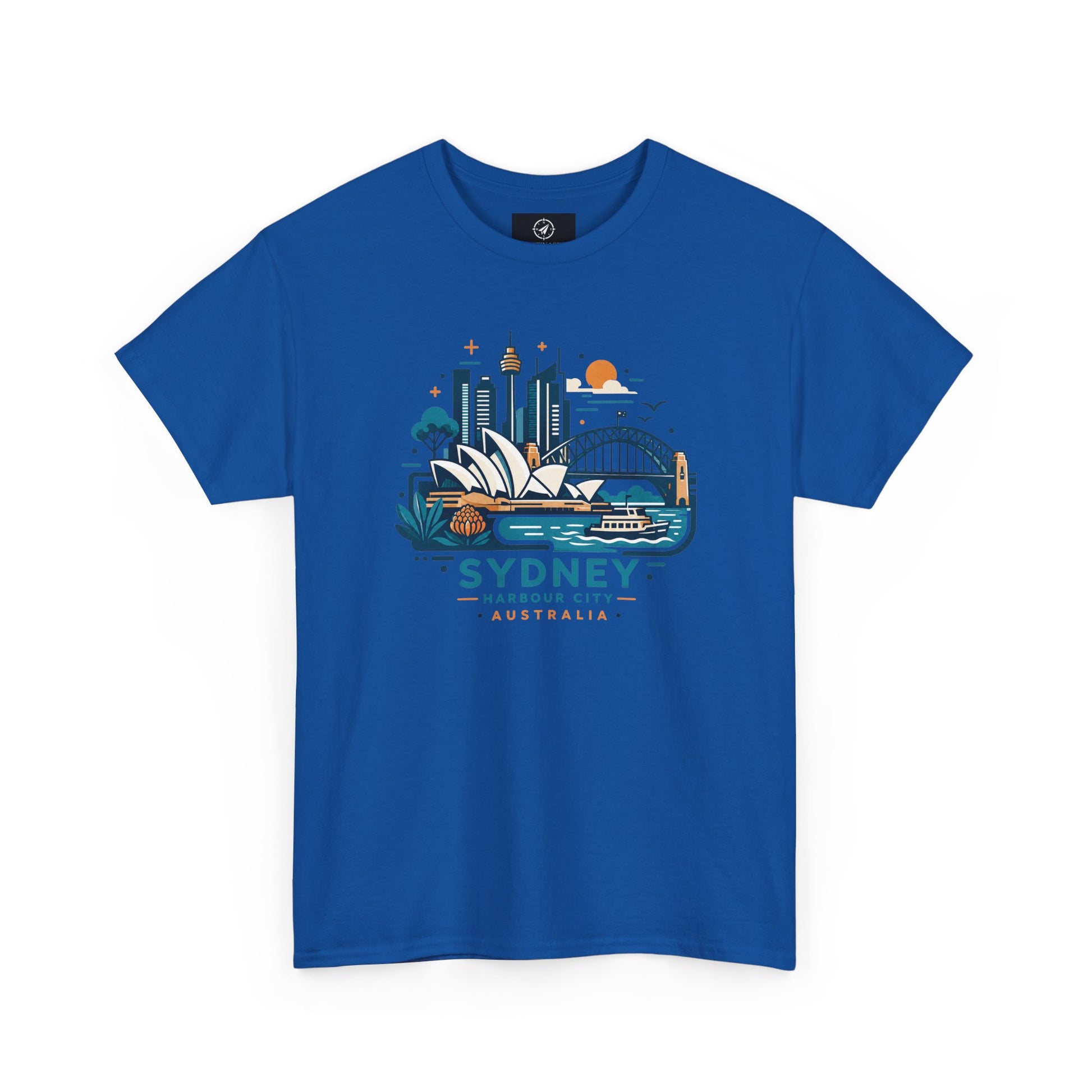 Royal blue Sydney harbor city graphic T-shirt, short-sleeve crew neck